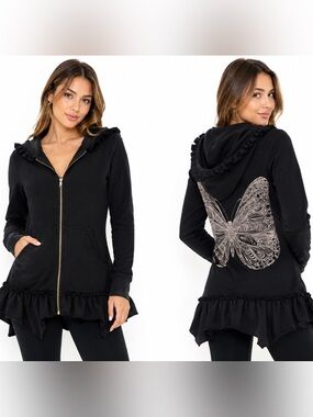 Lauren Moshi Black Ruffle Zip Hoodie with White Butterfly